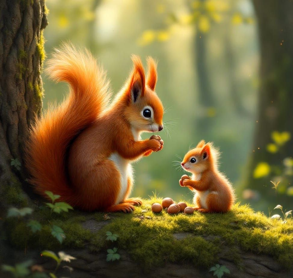 Mother Squirrel Feasts with Adorable Baby in Vibrant Spring ...