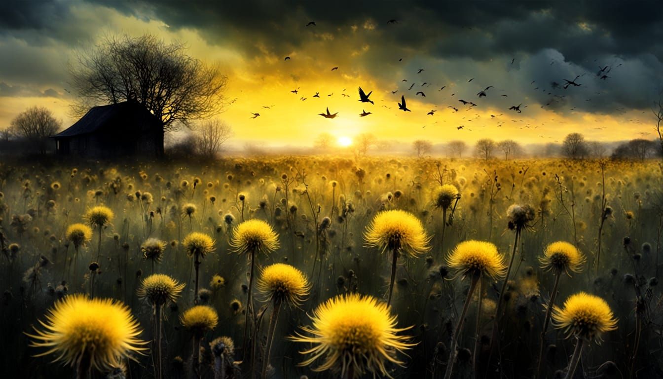 Yellow Sunrise Over Meadow with Starlings