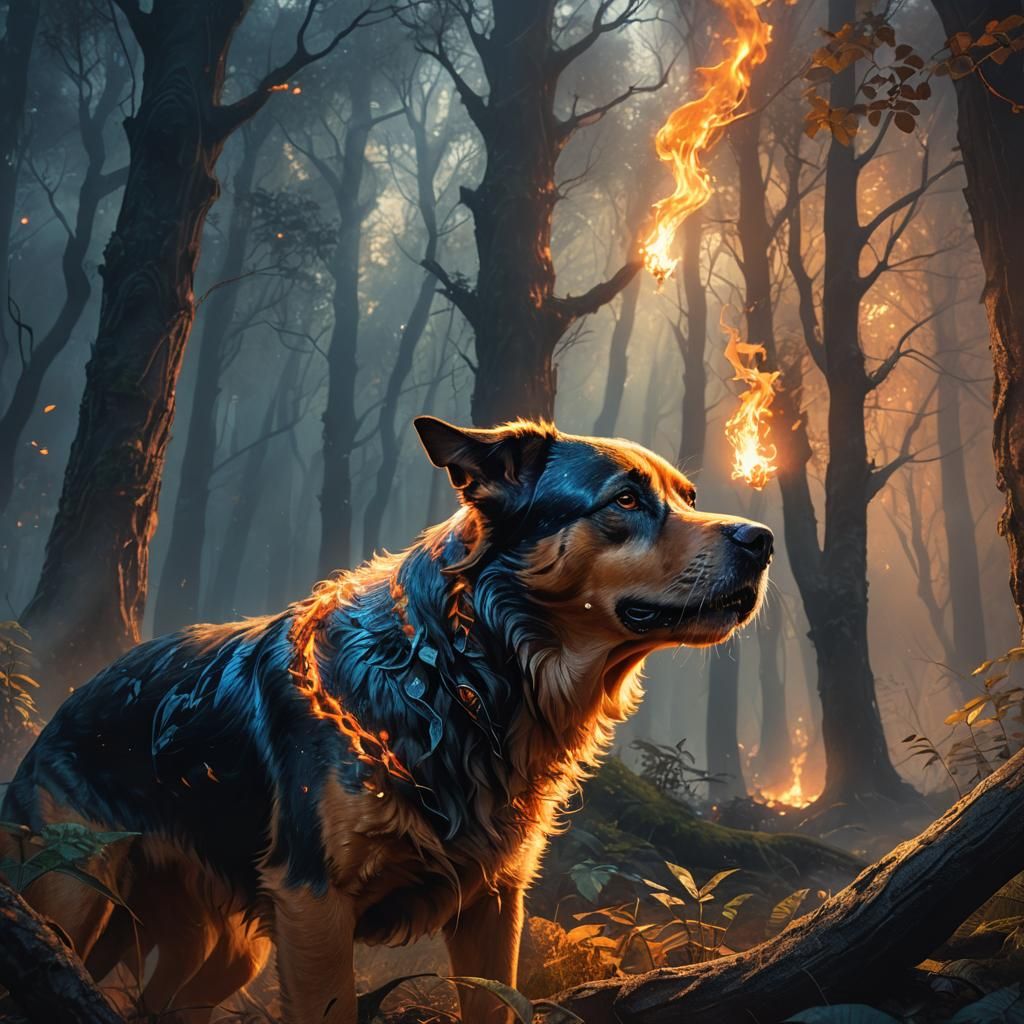 Dog Breathing Fire in Mystical Forest: Digital Art