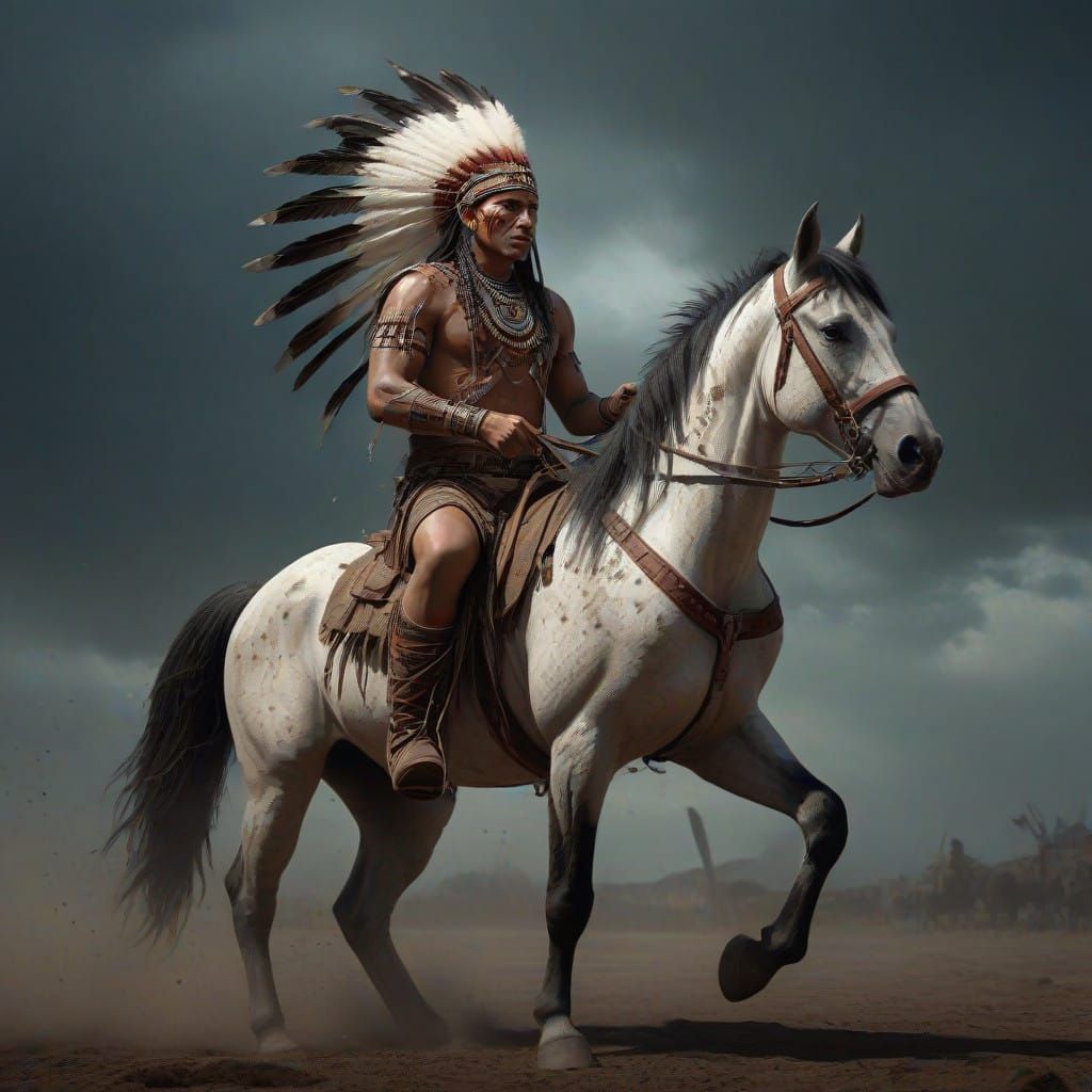 Native American Warrior on Majestic Painted Horse