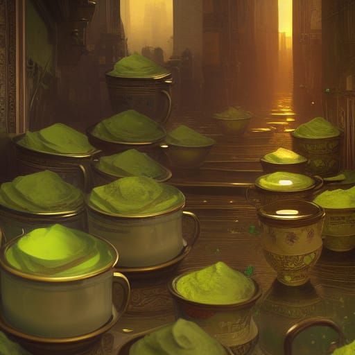 Hyperdetailed Matcha Tea Mugs in Art Nouveau Style