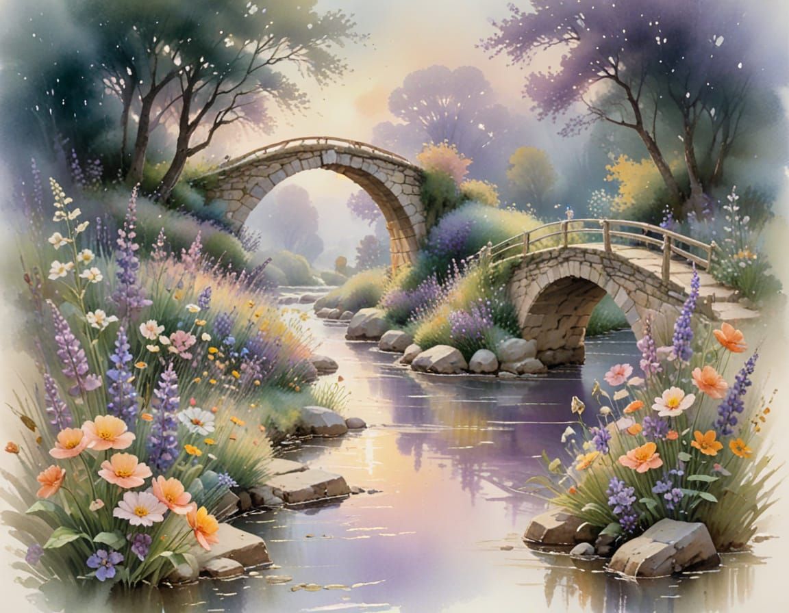 Arched Stone Bridge in Watercolor Meadow