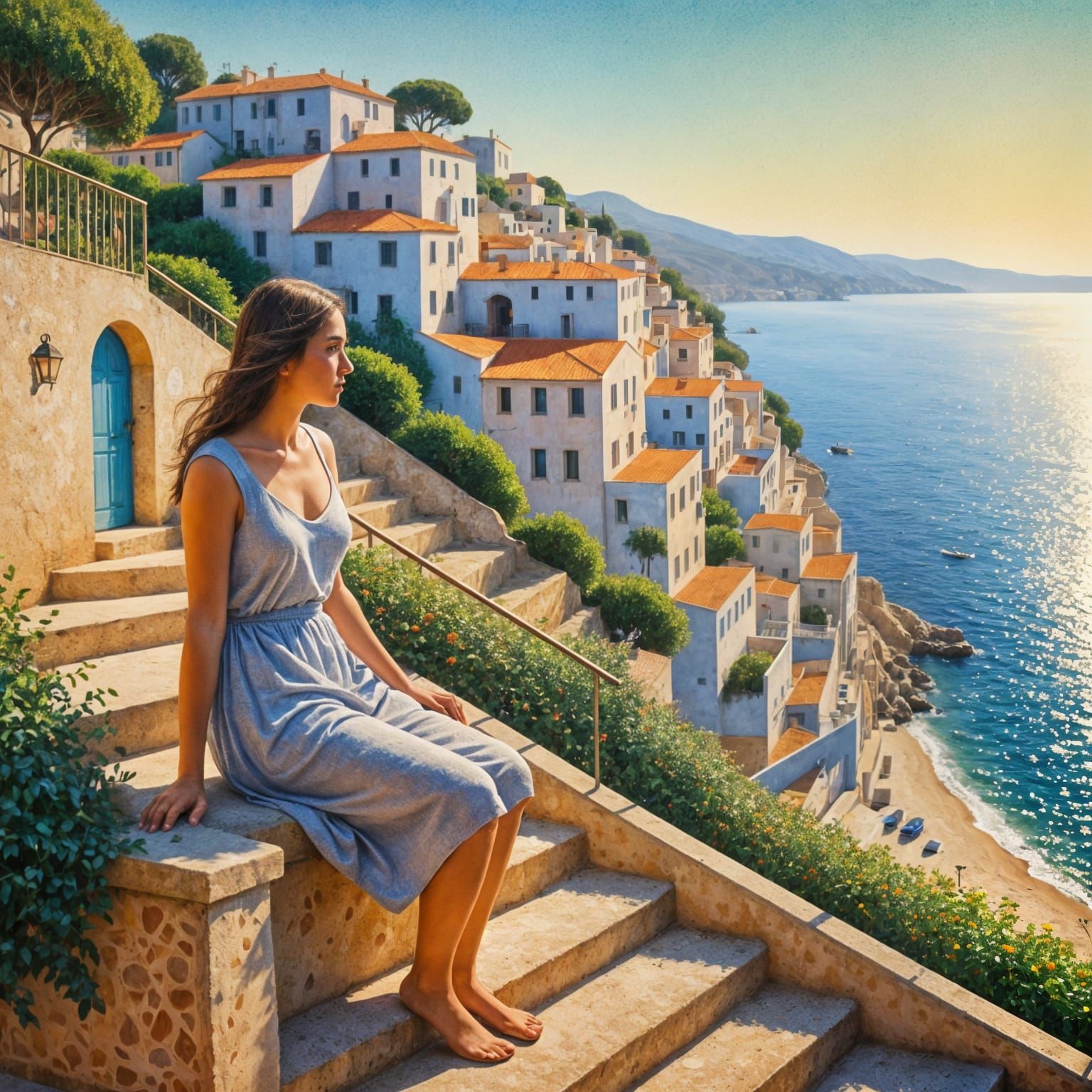 Sun-Kissed Mediterranean Village in Pointillist Style