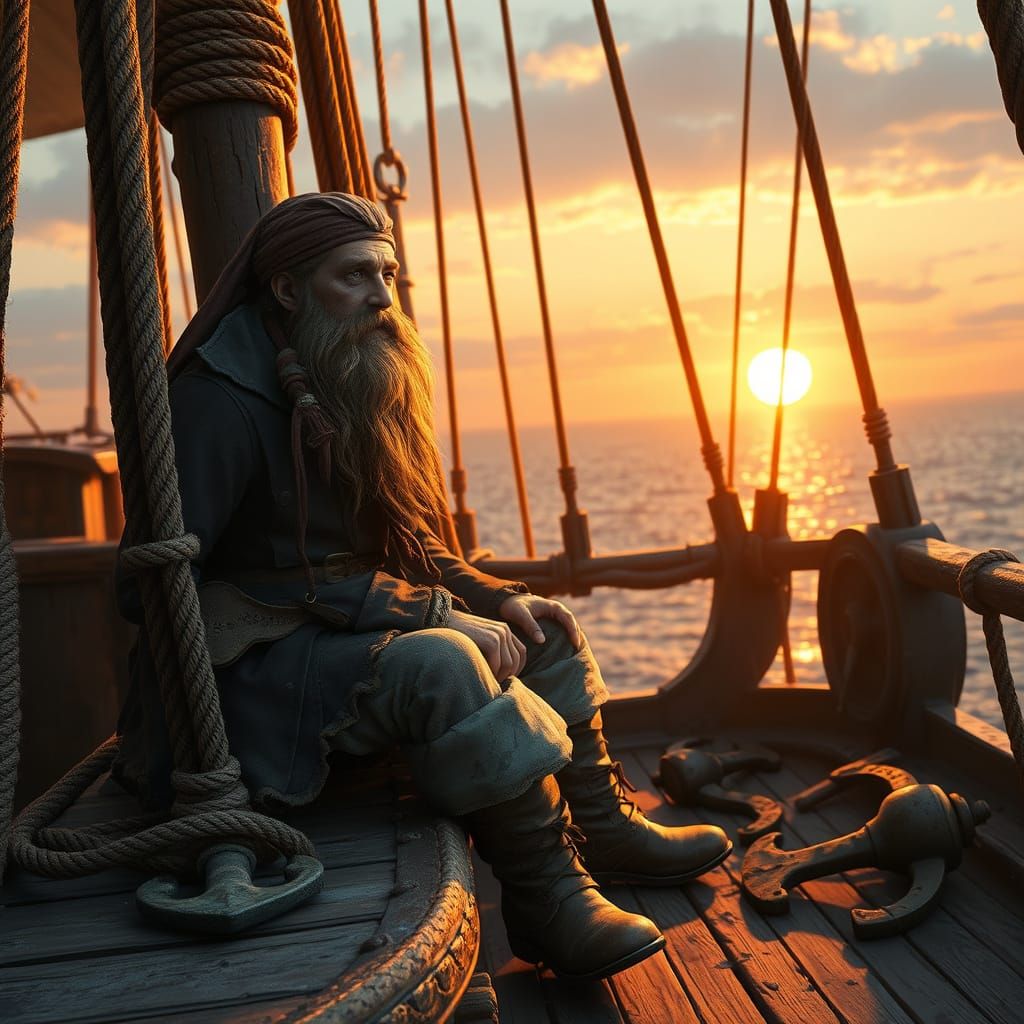 Pirate Lost in Thought Amidst Weathered Galleon