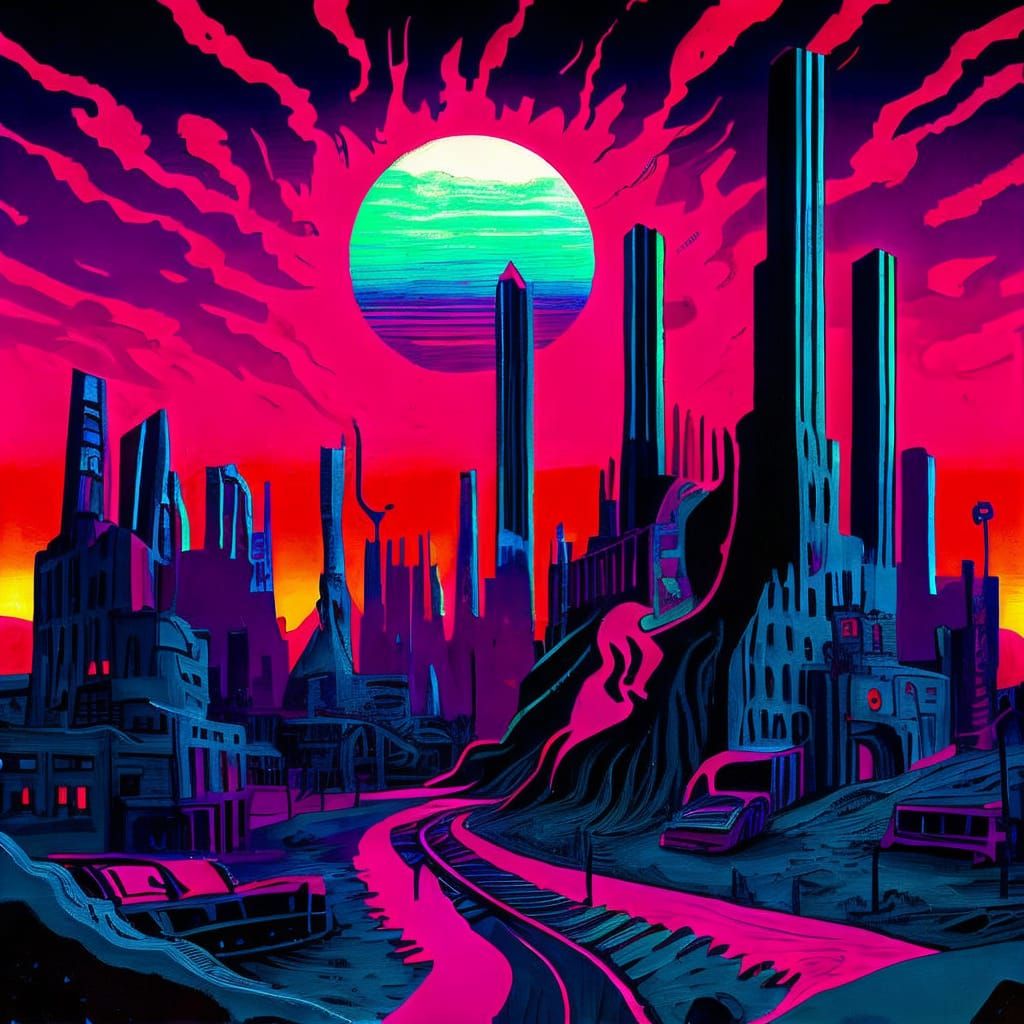 Dystopian Vaporwave City Inspired by Van Gogh