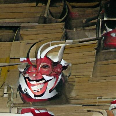 Stylized Red and White Horned Mask