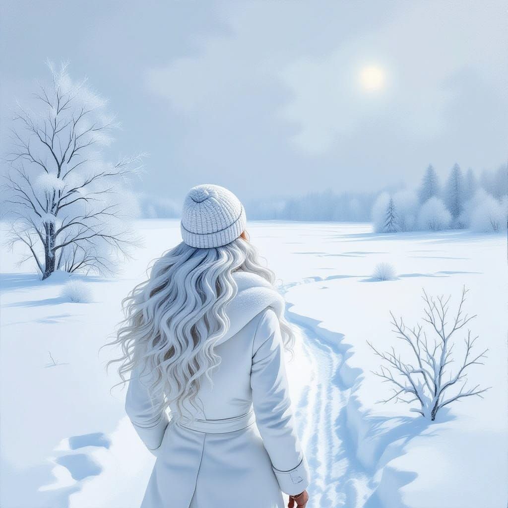 Woman in White in Surrealist Impasto Winter Landscape
