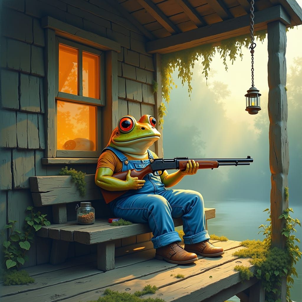 Redneck Frog on Bayou Porch, Watercolor Art