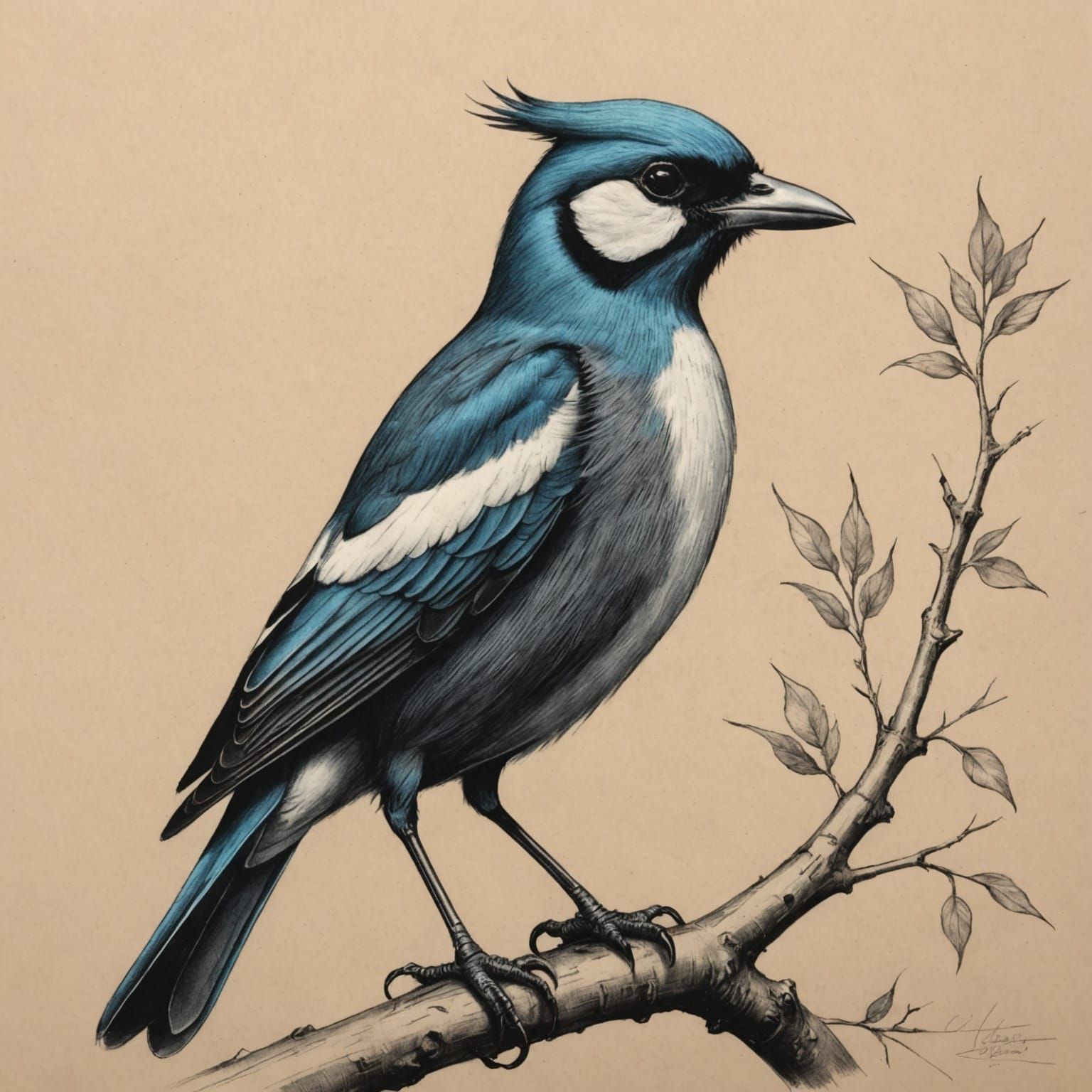 Stylized Bird in Charcoal and Pastel