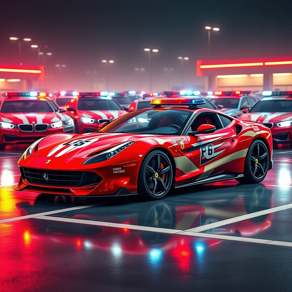 Futuristic Ferrari Roma in Fire Engine Colors Parked with Po...