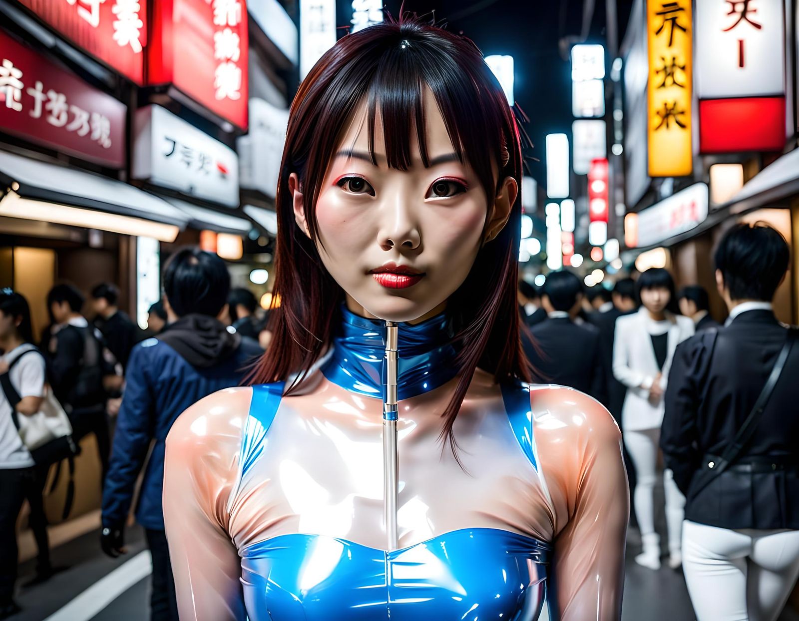 Young Japanese Woman in Skintight Plastic Outfit