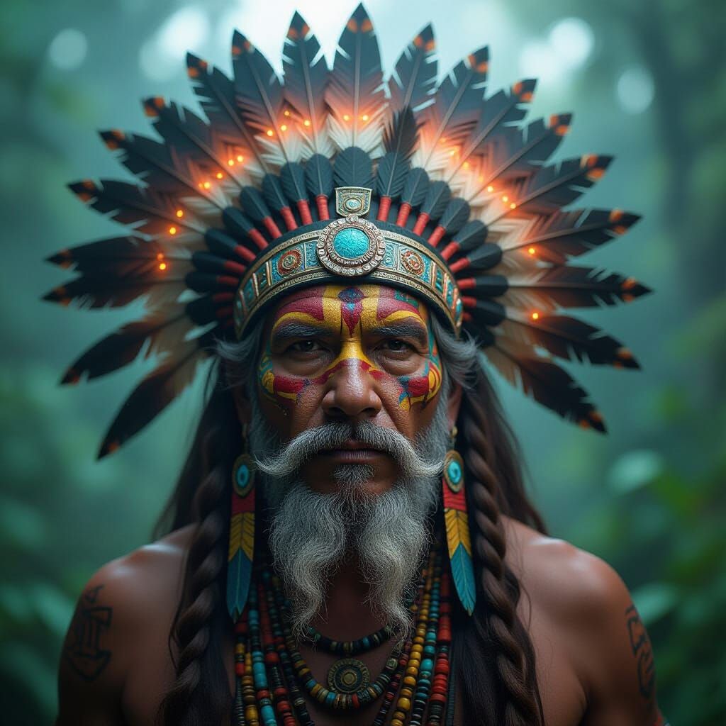 Mayan Priest with Cosmic Headdress in Mystical Jungle