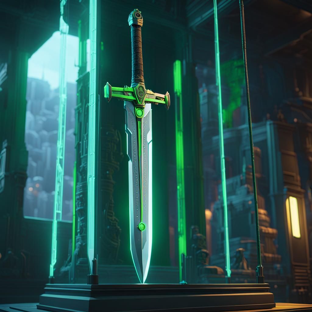 Glowing Green Sword in Glass Case: Sci-Fi Art