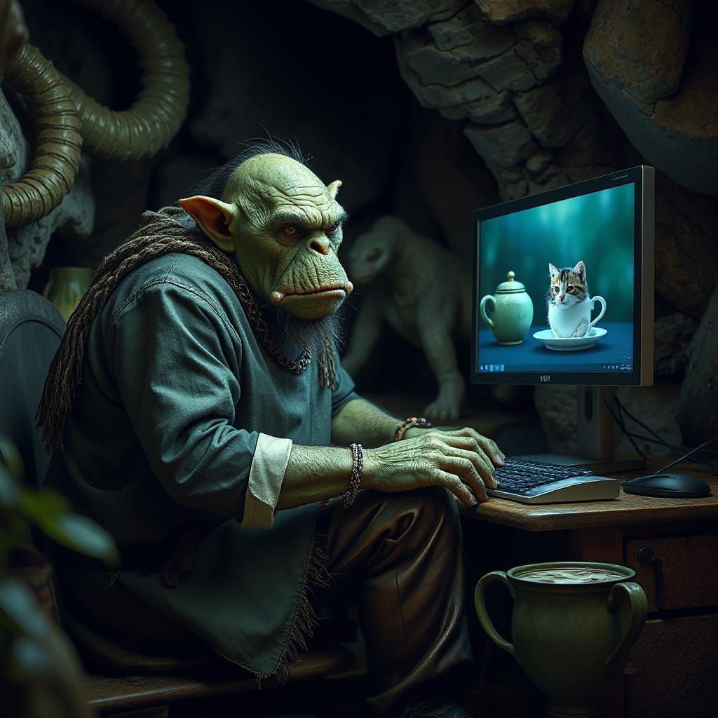LOTR Troll at Computer in Cave Art