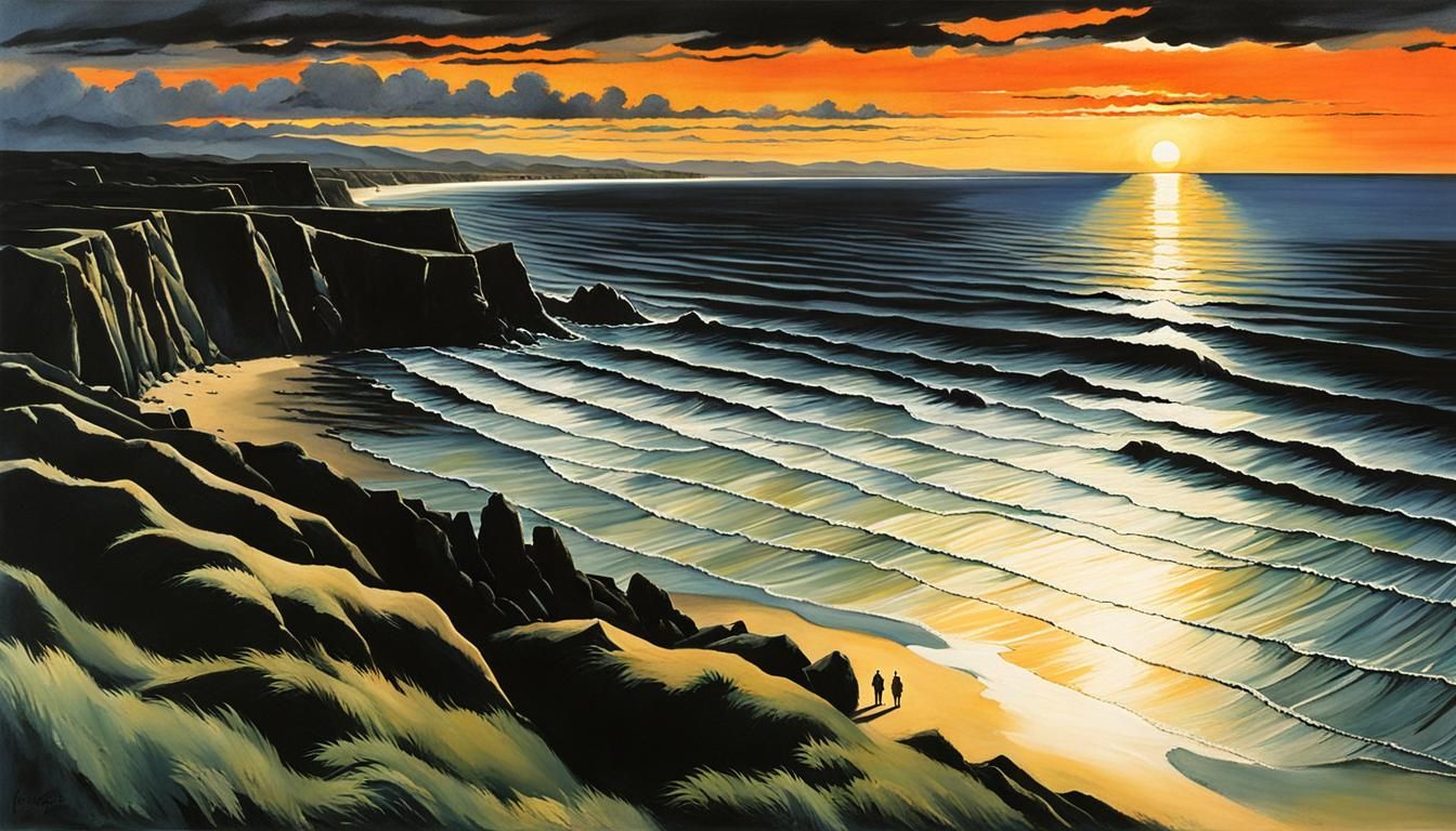 Mysterious Figures Cast Long Shadows on Sunset Beach