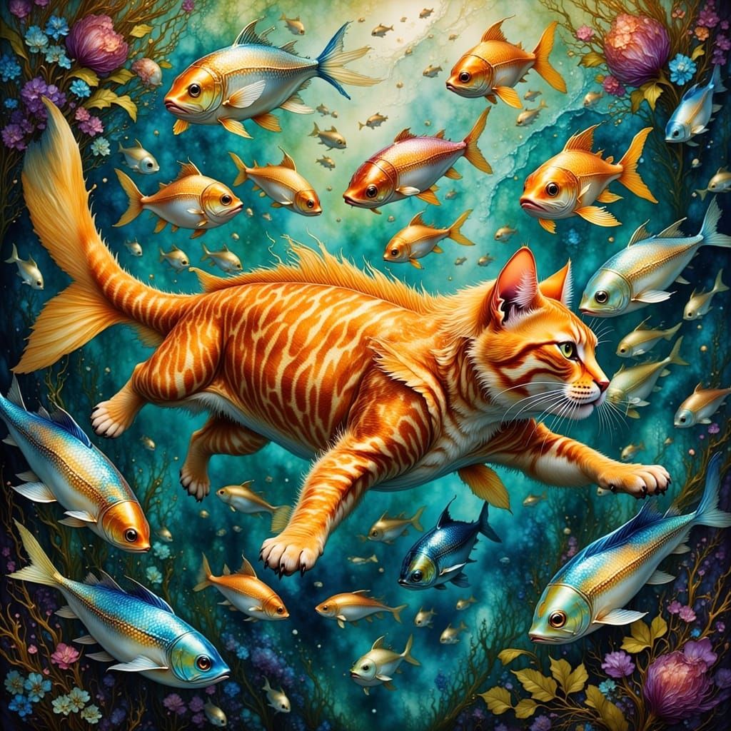 Orange Tabby Cat Swims With Shiny Fish