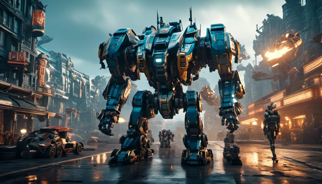 Epic Mecha Battle in Futuristic City