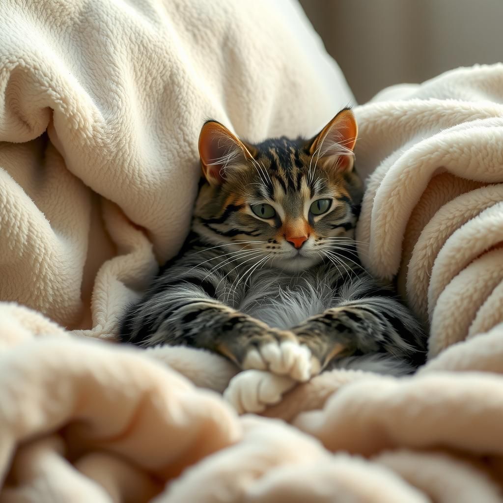 Tabby Cat Snuggles on Bed, Digital Art