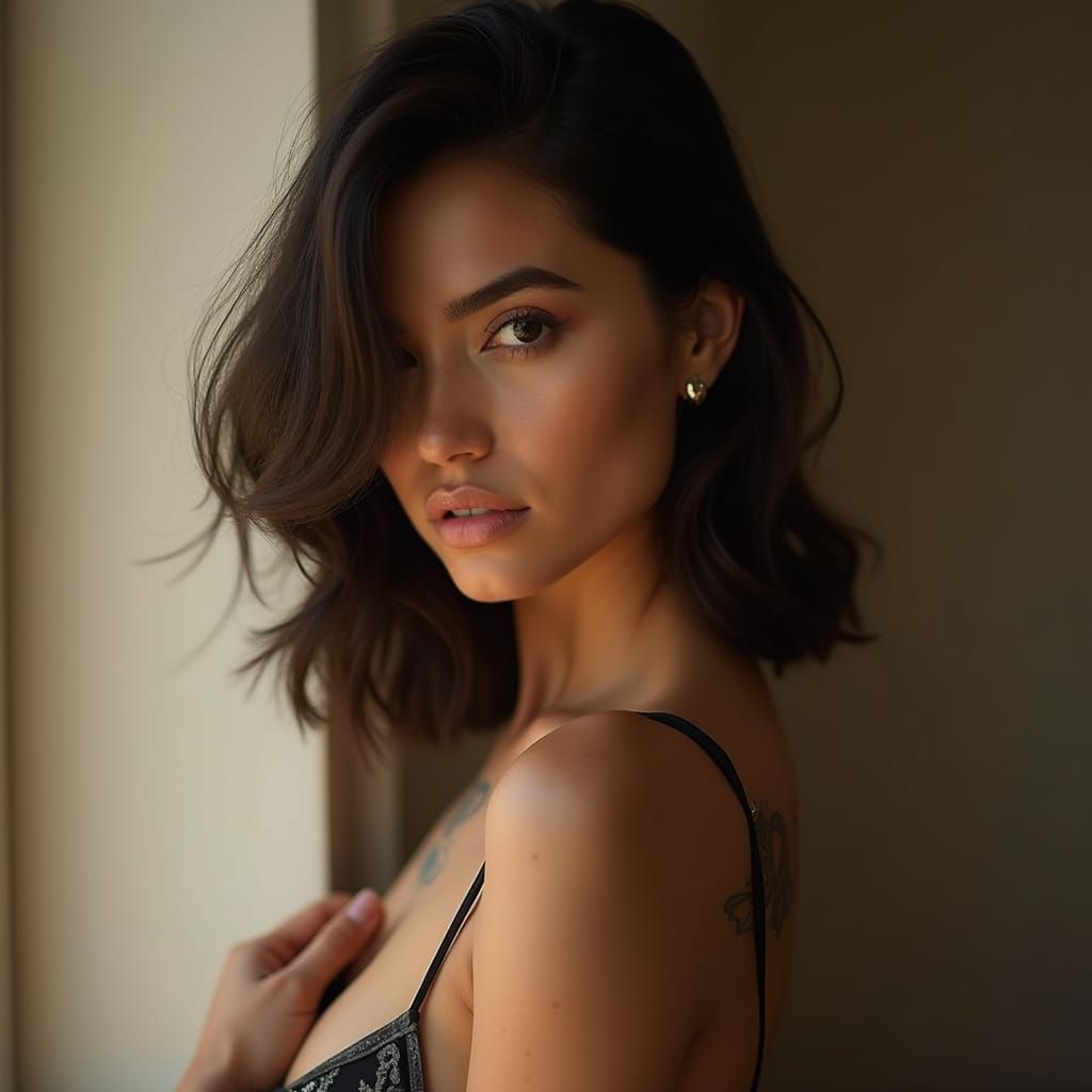 Elegantly Poised Woman with Porcelain Skin and Minimalist Ta...