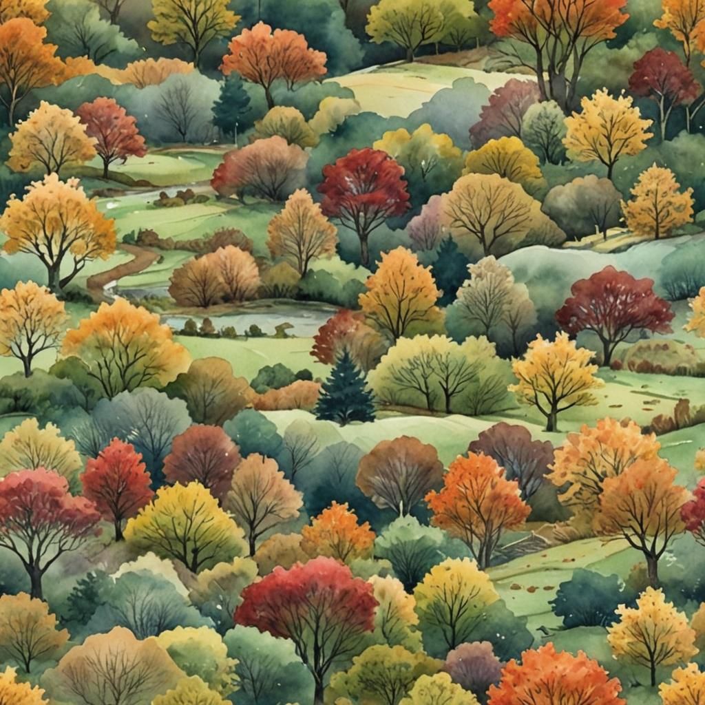 Watercolor Autumn Landscape Painting