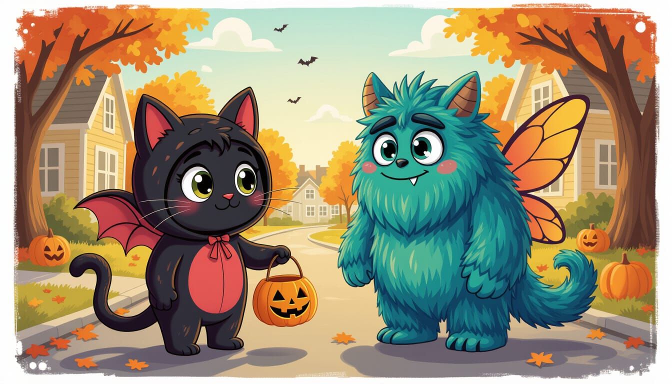 Cute Halloween Monsters Trick or Treating in Cartoon Style