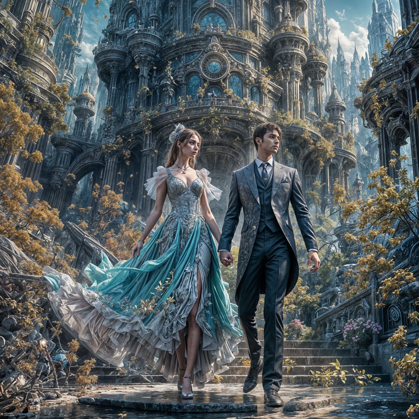 Lovely Wedding Couple Leaving the Tower