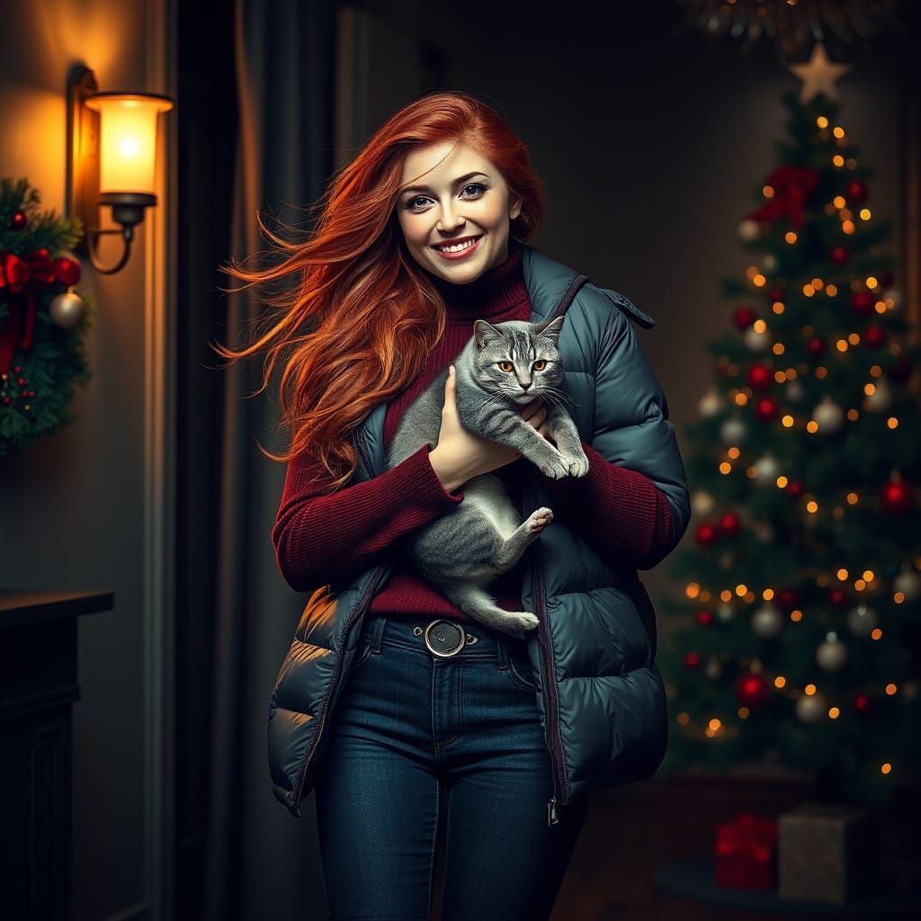 Elegant Redheaded Woman in Christmas Setting, Wearing Burgun...