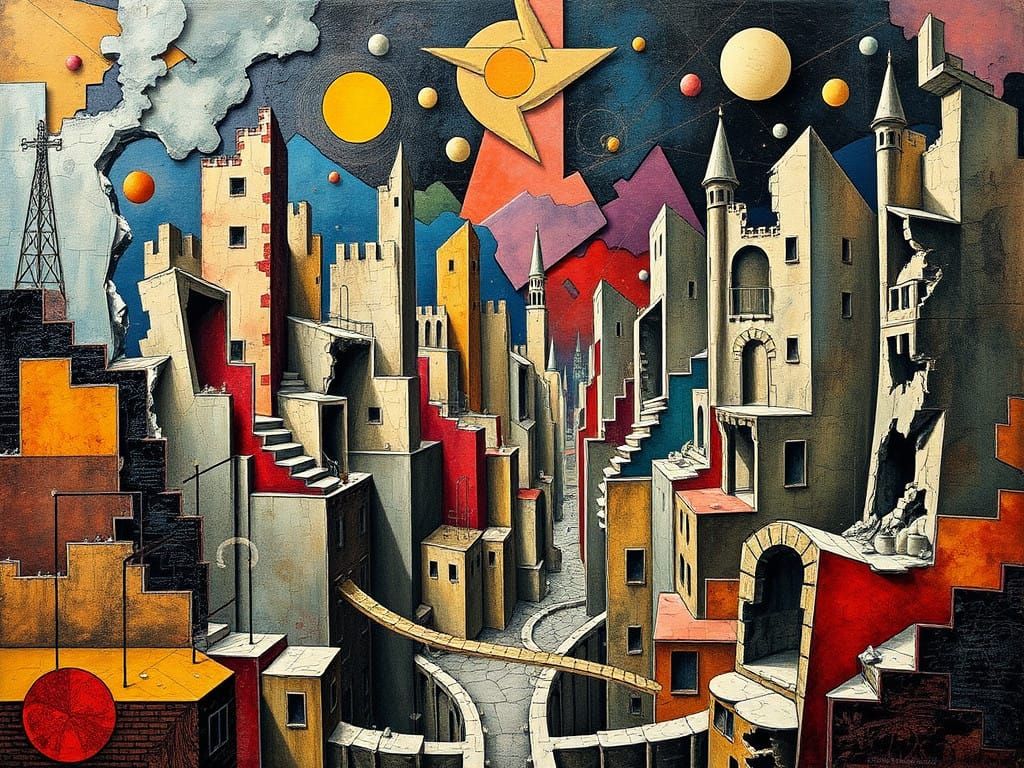 Dreamlike Cityscape in Vibrant Colors and Distorted Perspect...