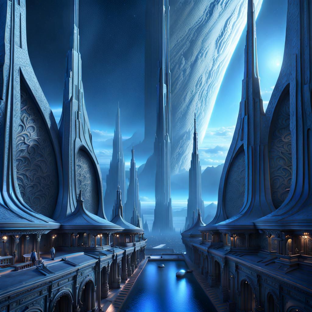 Blue Alien City in Digital Matte Painting Style
