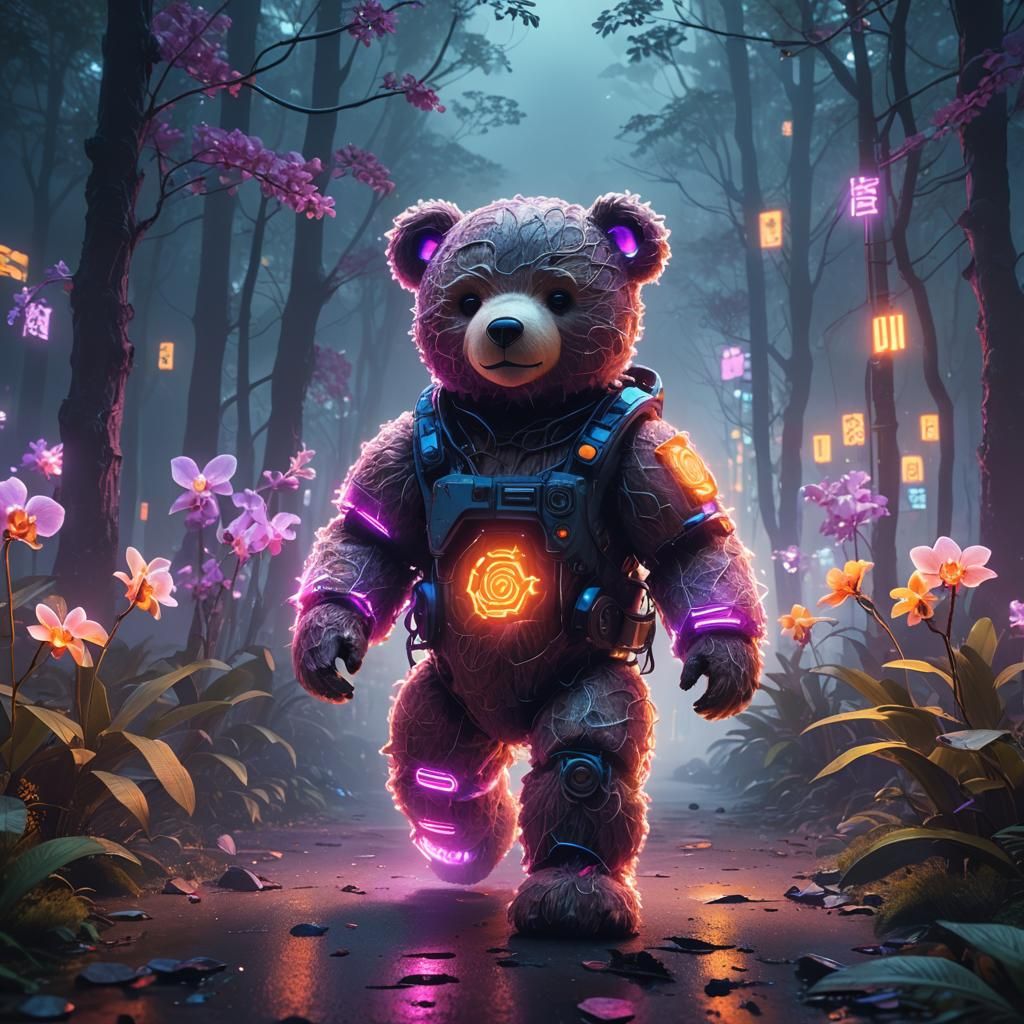 Futuristic Teddy Bear in Neon Forest