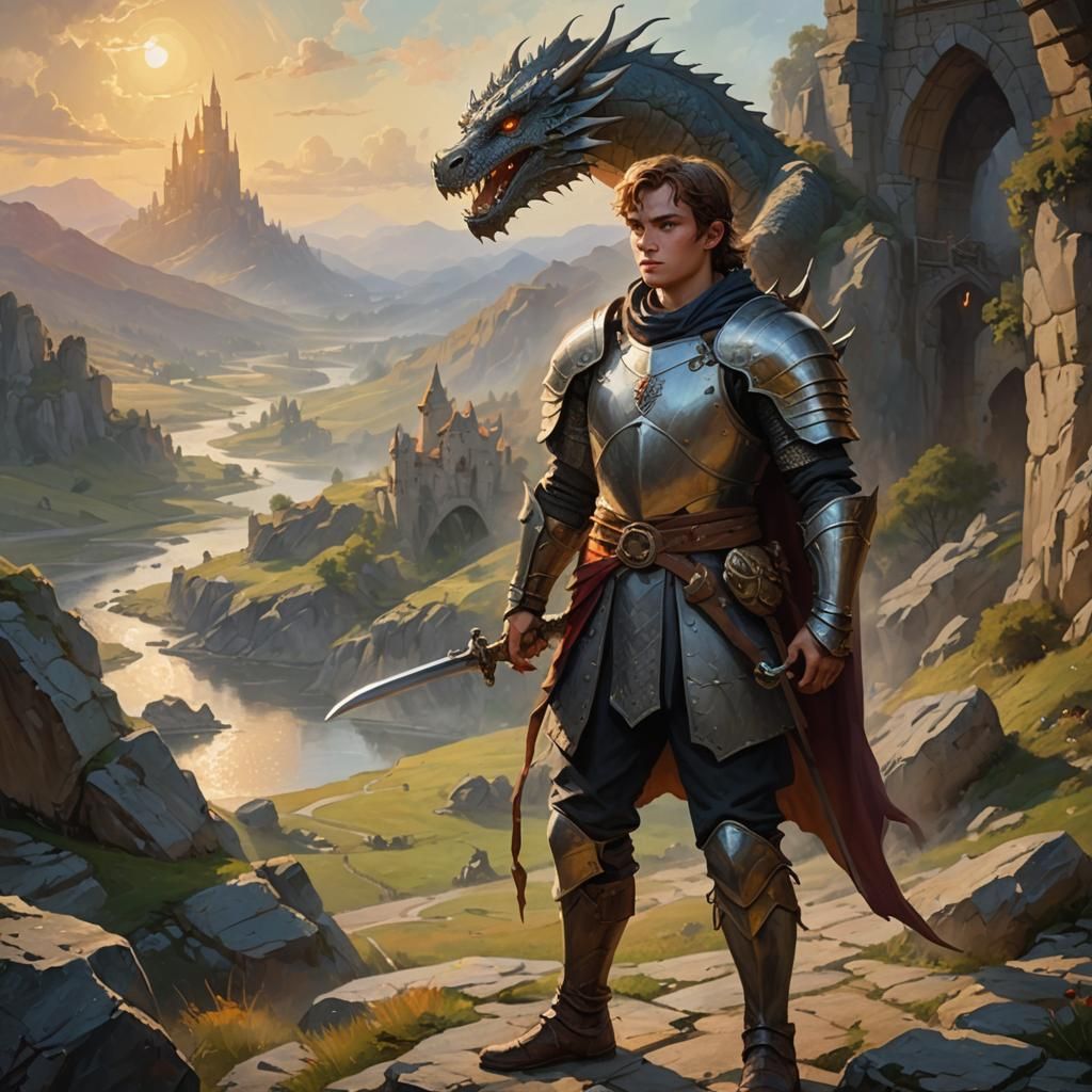 Young Warrior Confronts Dragon in Medieval Landscape