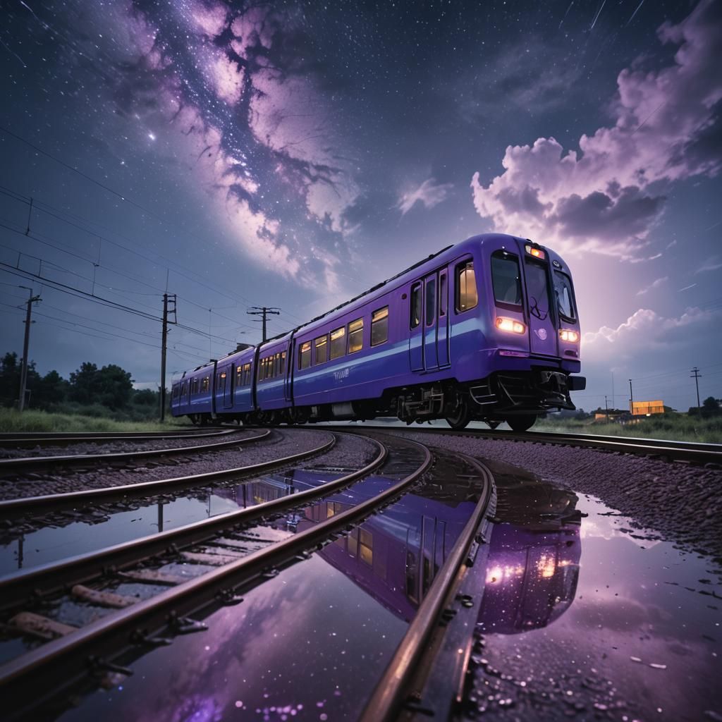 Violet Metro Train at Night Under Starry Sky