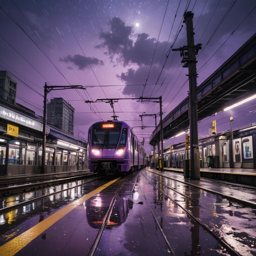 Cinematic Violet Metro Train in Moody Cityscape