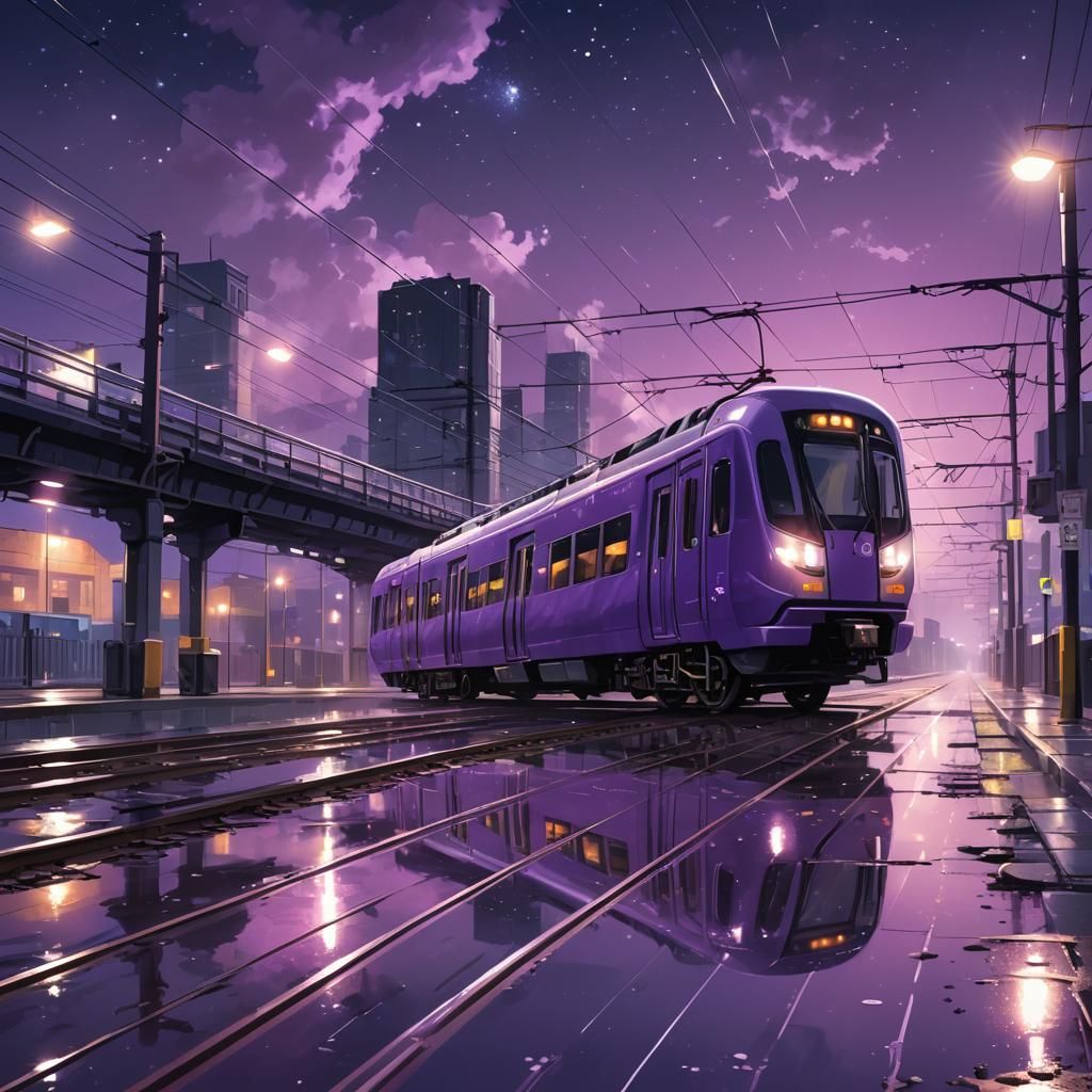 Futuristic Violet Metro Train at Night