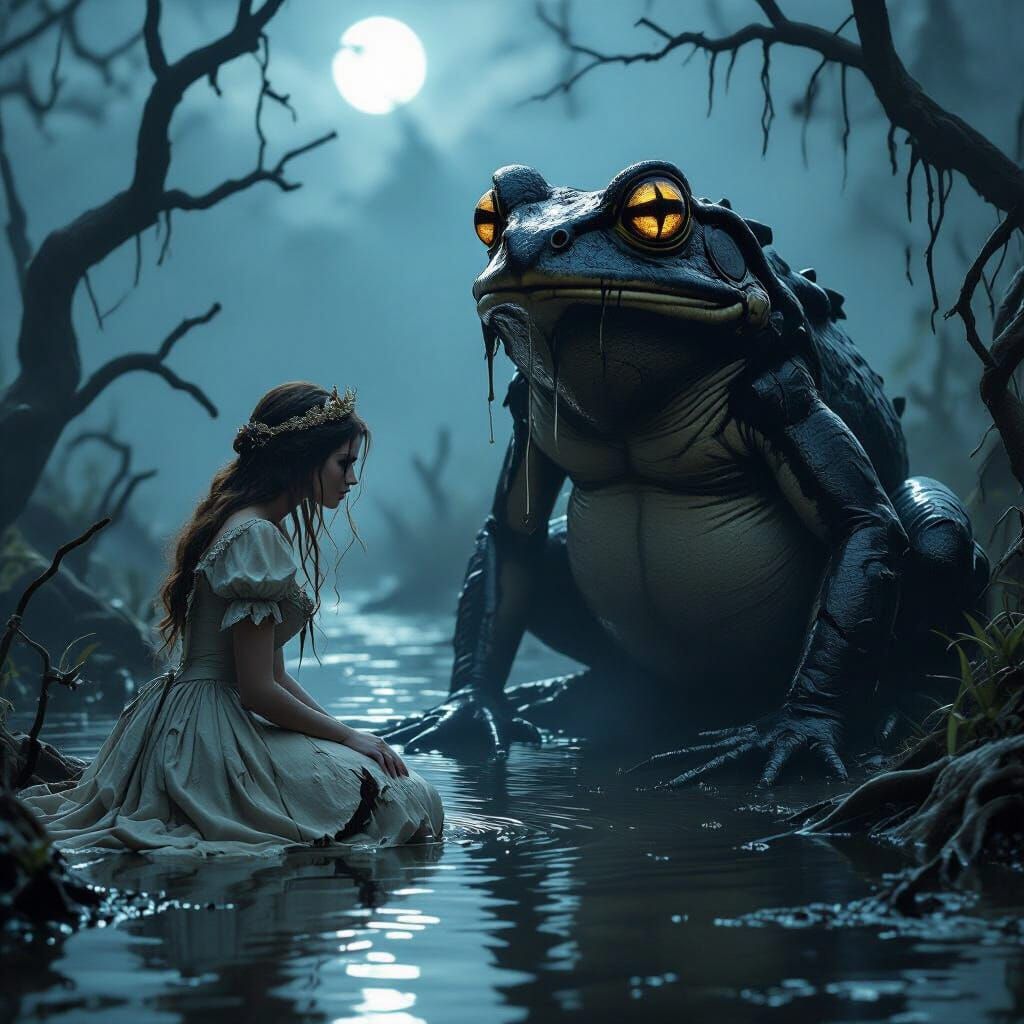 Dark Fairy Tale Princess Meets Grotesque Frog in Swamp