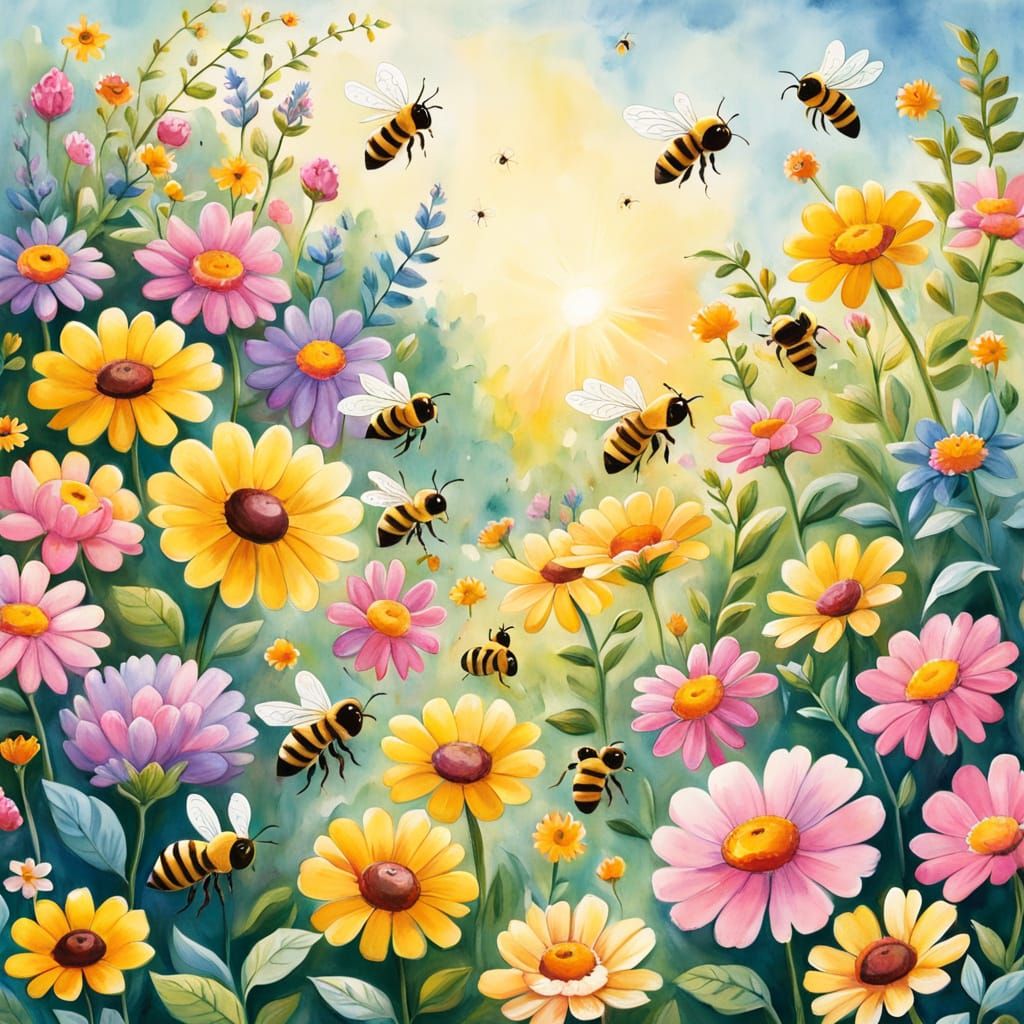 Whimsical Garden Scene in Vibrant Gouache