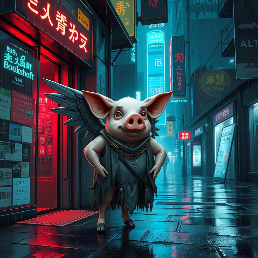 Cyberpunk Pig Poet in Dystopian Metropolis