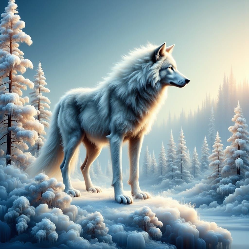 Majestic White Wolf in Frozen Wilderness, Digital Art