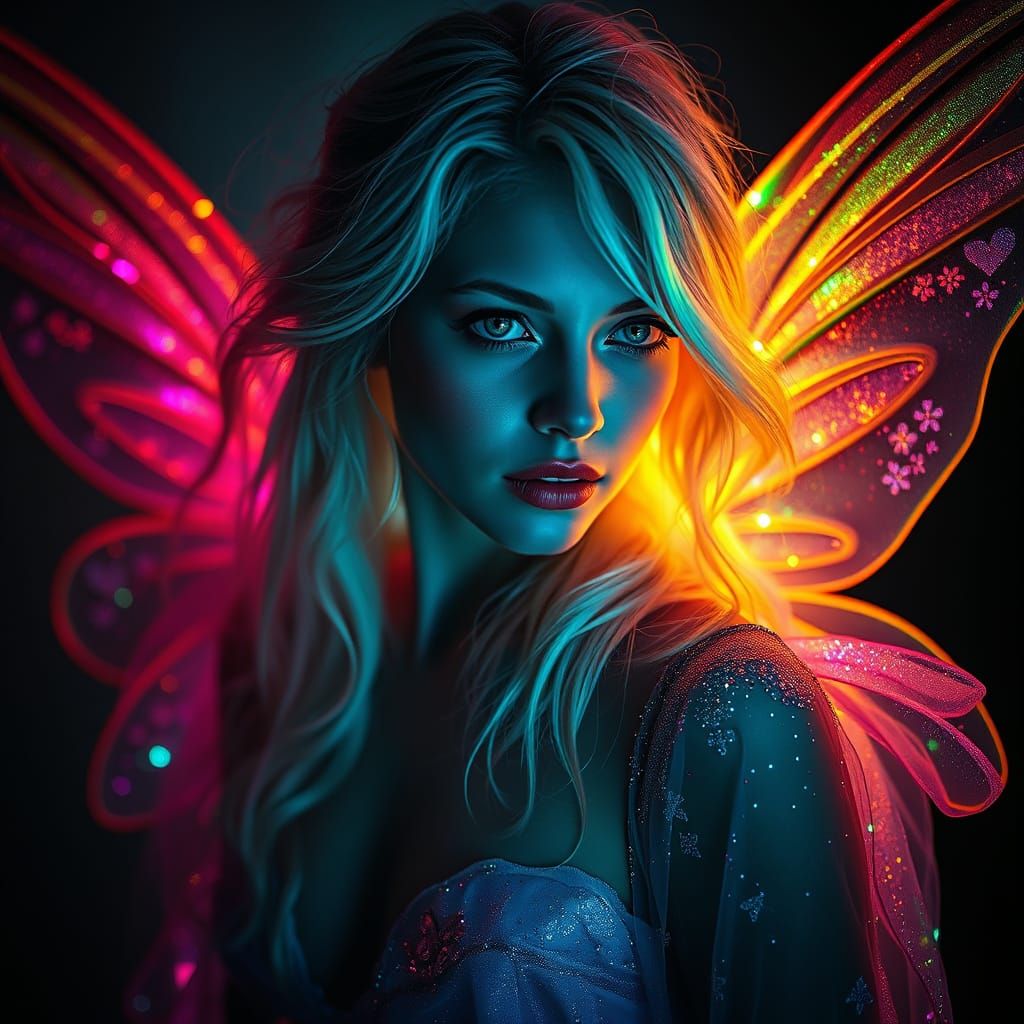 Ethereal Fairy Goddess with Neon Glow and Hyperrealistic Det...