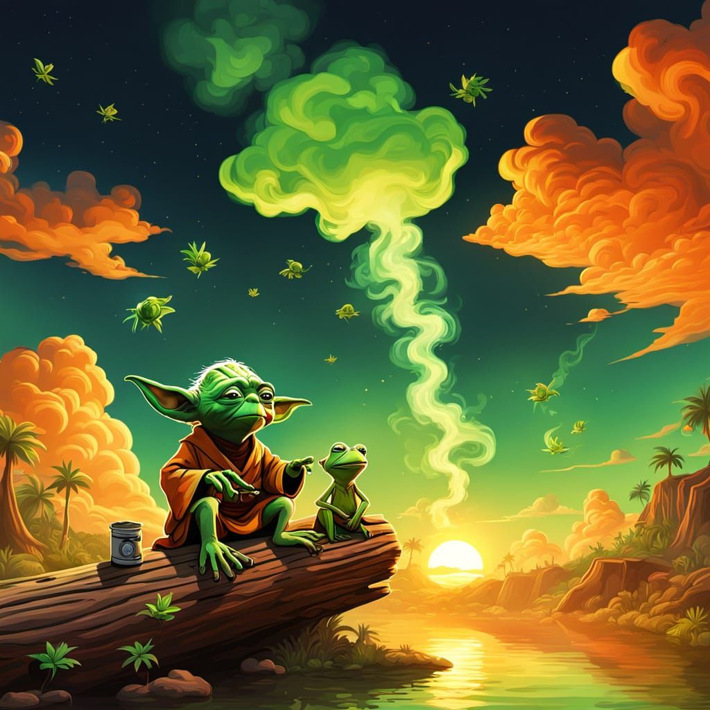 Yoda and Kermit Enjoy Sunset on a Log
