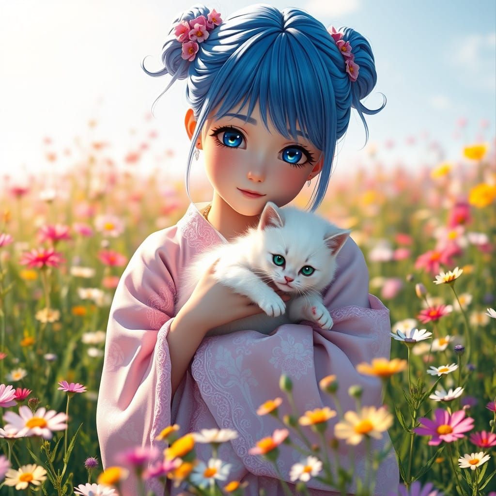 Gentle Anime Goddess with Vibrant Blue Hair and Pastel Pink....