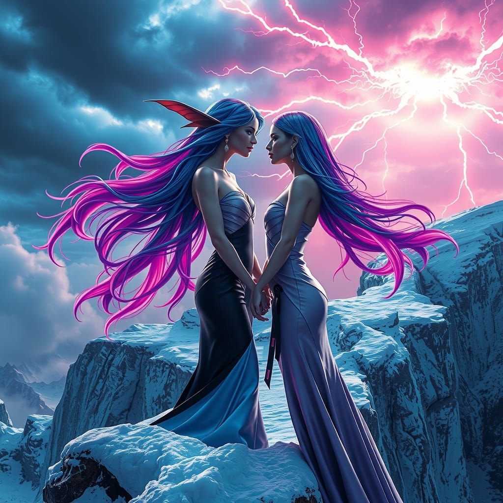 Cyber Sirens on Icy Cliff in Neon Noir Style