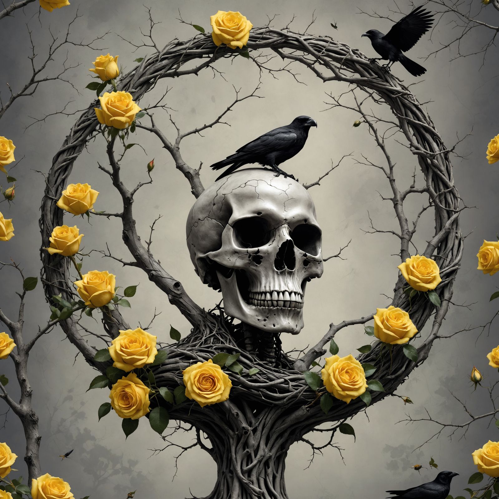 Skull with Roses and Crow in Botanical Border