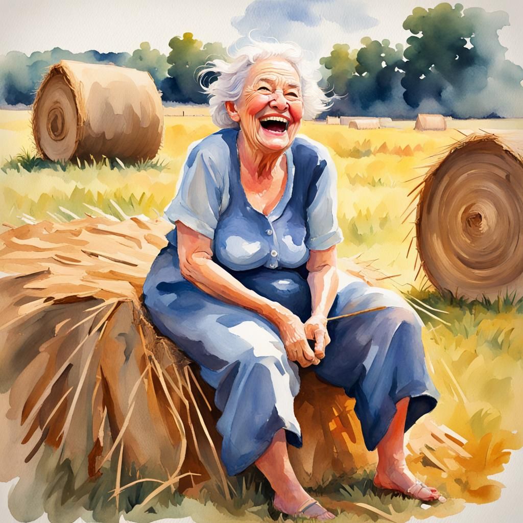 Laughing Woman on Hay Bale, Gouache Watercolor Painting