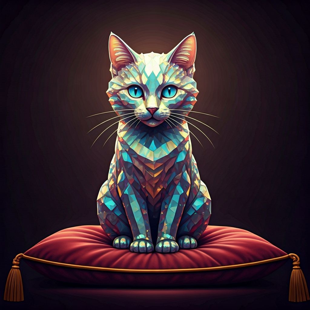 Rainbow Gemstone Cat with Glowing Eyes on Velvet