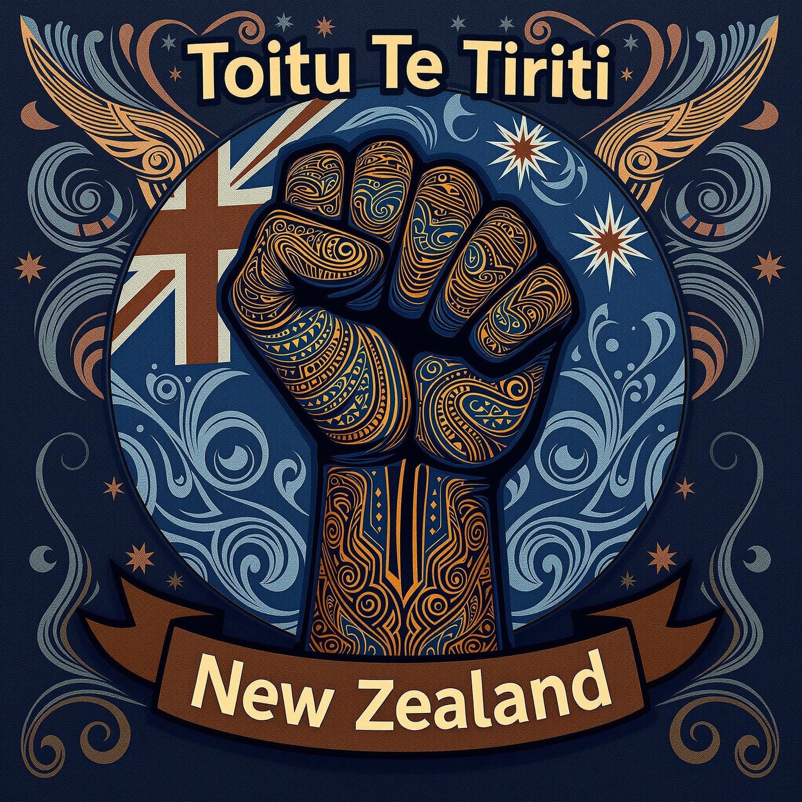 Clenched Fist New Zealand Flag with Maori Designs
