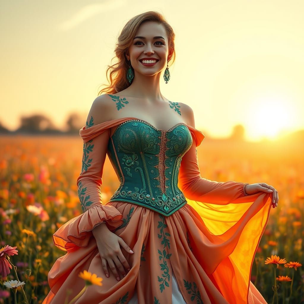 Victorian Woman in Wildflower Field, Hyperrealistic Renderin...