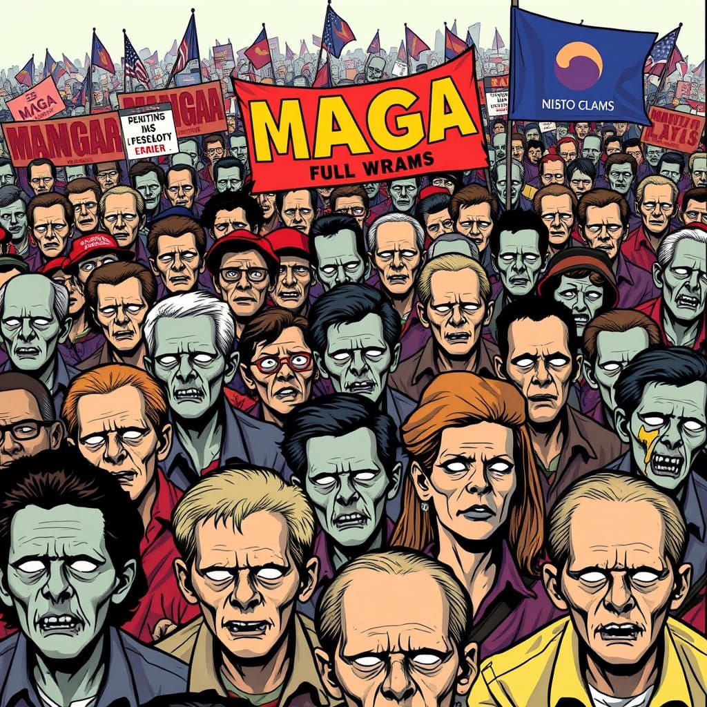 Hyper-Realistic Satirical Portrayal of a Brainwashed Crowd