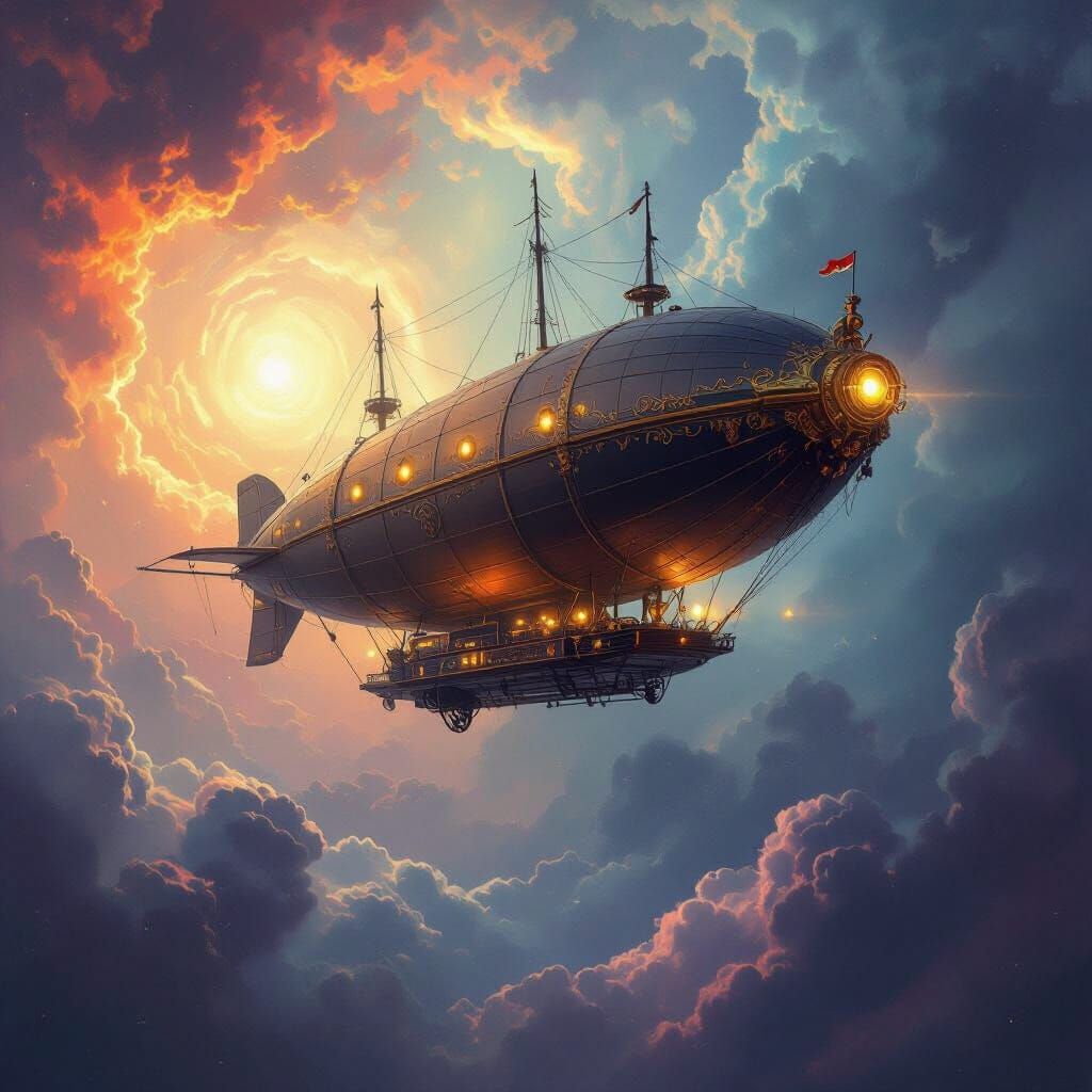 Victorian Airship Navigates Vibrant Celestial Storm