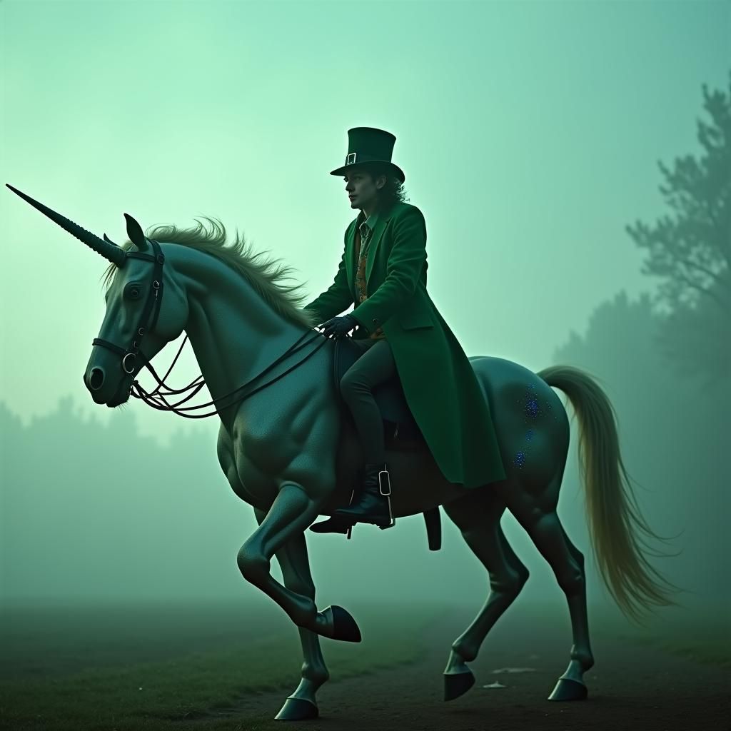 Leprechaun on Robotic Unicorn in Cinematic Style